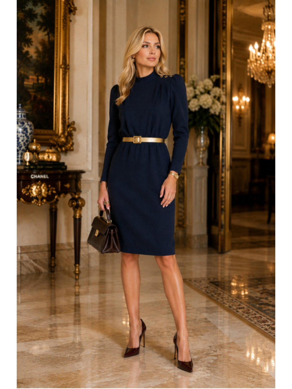 Women's St. John Black Midi Dress, Size 4, Gold Accents